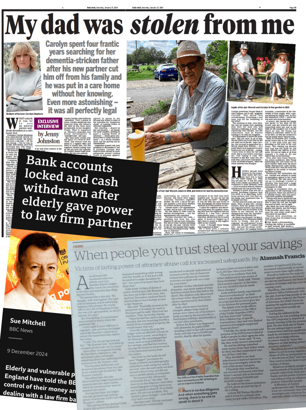 Selection of screenshots of 3 news stories about LPA abuse, Daily Mail. i paper and BBC News App