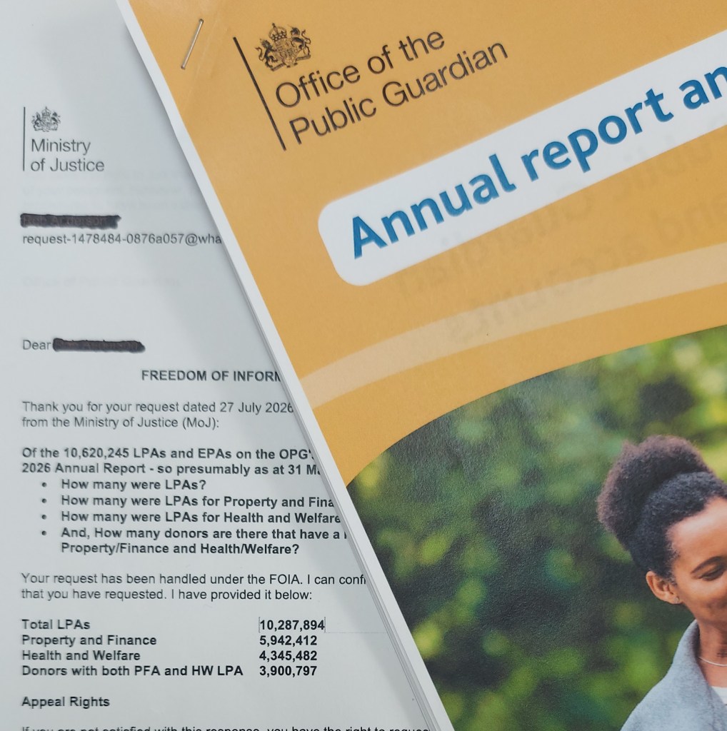 Photo showing part of front cover of OPG Annual Report 2025-26 and part of a response letter to an FOI request about numbers of different types of LPA